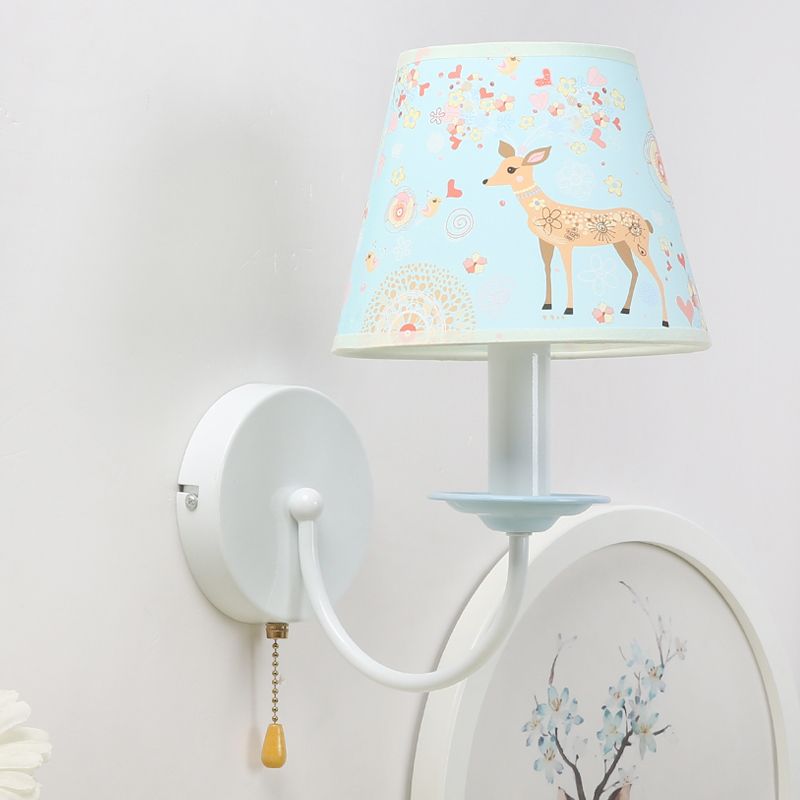Animal Sika Deer Wall Light with Pull Chain Fabric 1 Light Blue Wall Sconce for Girls Bedroom