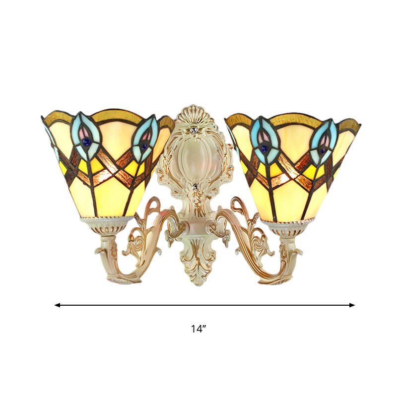 Cone Gallery Wall Light with Carved Arm Stained Glass 2 Heads Tiffany Victorian Wall Lamp in Beige