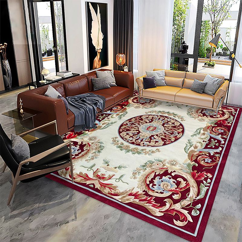 Red Living Room Area Carpet Shabby Chic Antique Pattern Area Rug Polyester Non-Slip Rug