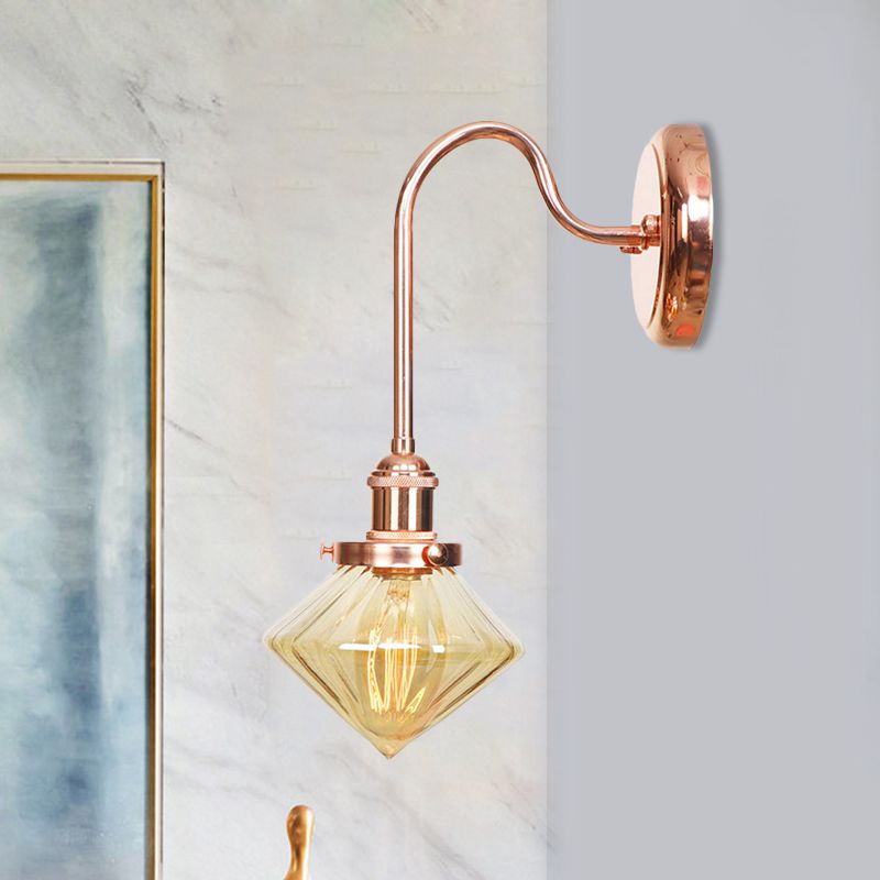 Clear/Amber Glass Copper Sconce Light Diamond 1 Light Farmhouse Wall Lighting Fixture for Bedroom
