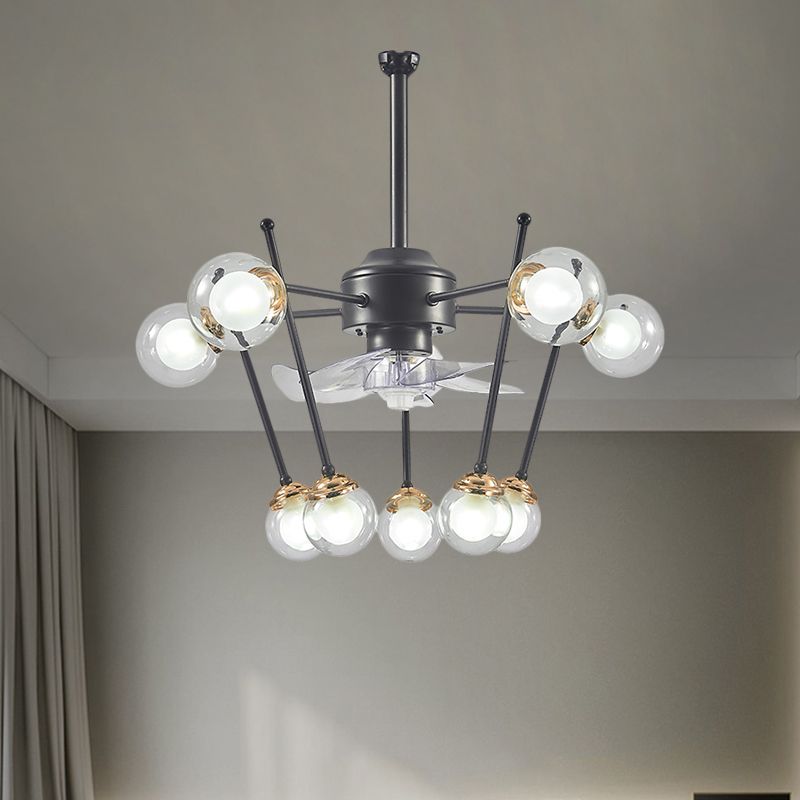 Sphere Parlor Hangende ventilator Licht helder glas 10 koppen 25,5 "Breedte Modernisme 4-Blade semi-flush in zwart