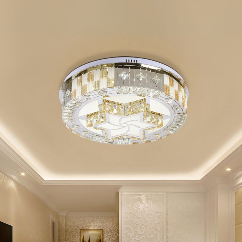LED Bedroom Flush Mount Modern Chrome Ceiling Lamp with Hexagram Crystal Block Shade in Warm/White Light