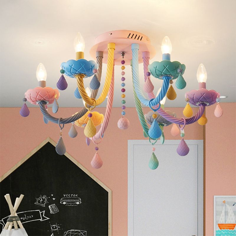 Candélabre pour chambre à coucher, montage semi-encastré en métal, 5/6 lumières, macaron proche des plafonniers, bleu-rose-jaune