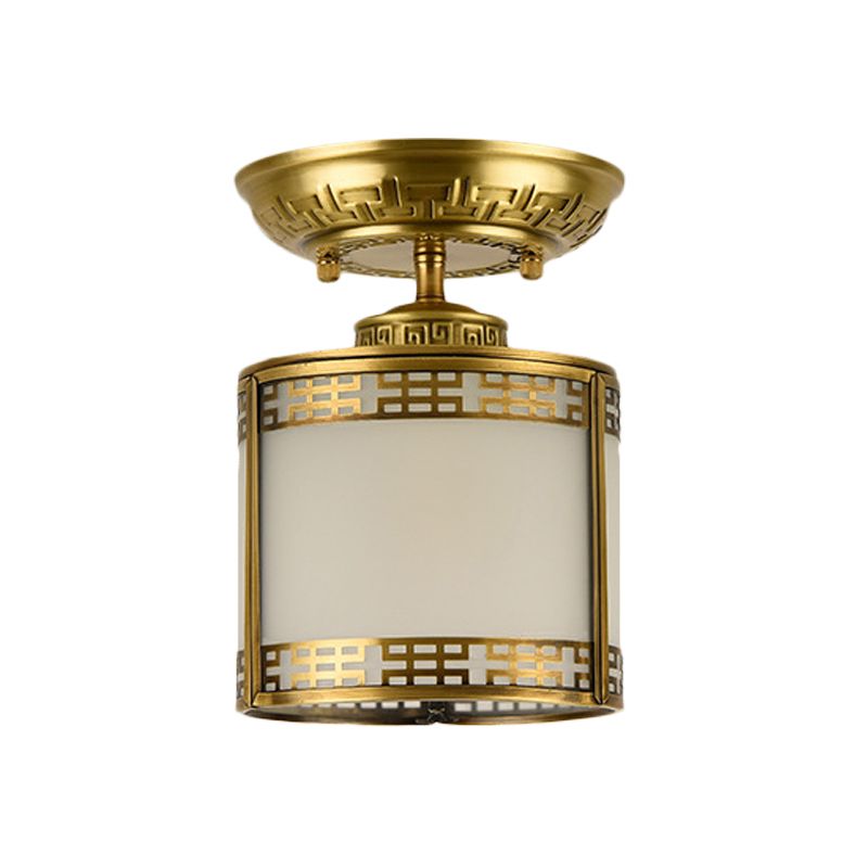 1 Light Semi Flush Mount Classic Cylinder Metal Ceiling Fixture in Brass for Corridor