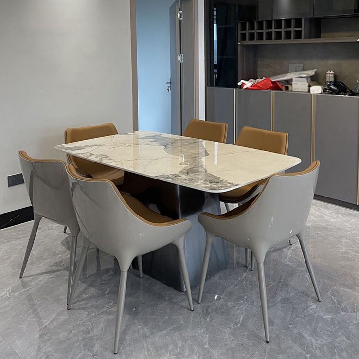 Mesa de comedor de piedra sinterizada mesa rectángulo en blanco con base de pedestal de metal