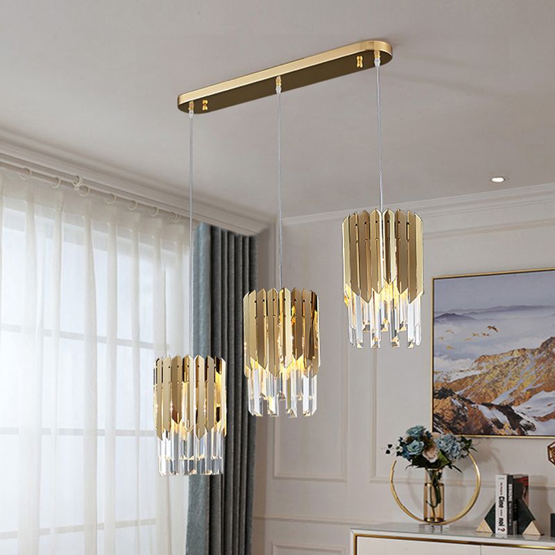 Luxurious Layered Cluster Pendant 3 Head Clear Crystal Rectangle Suspension Light in Gold for Dining Room