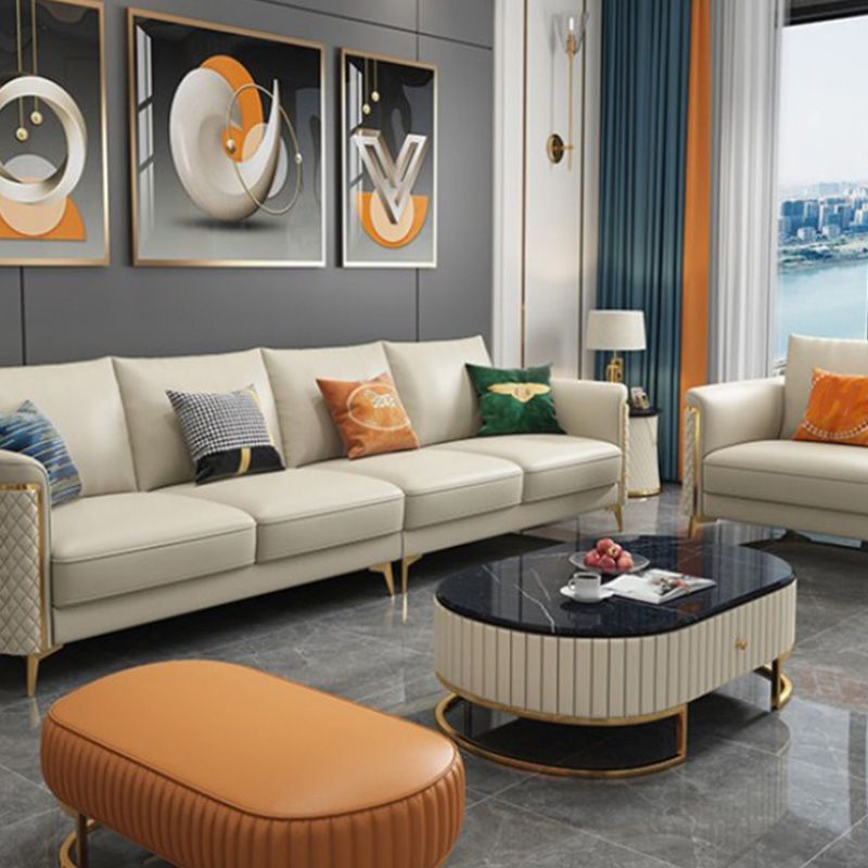 Glam Tuxedo Arm Sofa Stain Genuine Leather Sofa with Pillows