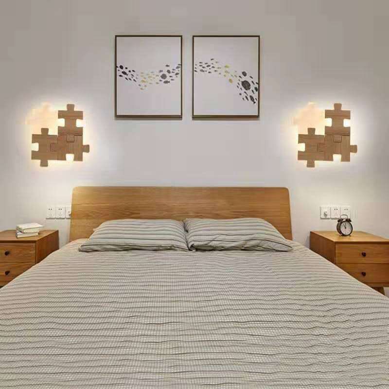 Creative Puzzles-shaped LED Wall Lamp Nordic Minimalism Rubber Wood Home Decorative Sconce Lights for Bedroom