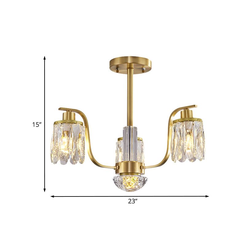 Cylindrical Hanging Chandelier 3-Bulb Beveled Glass Suspended Lighting Fixture in Gold