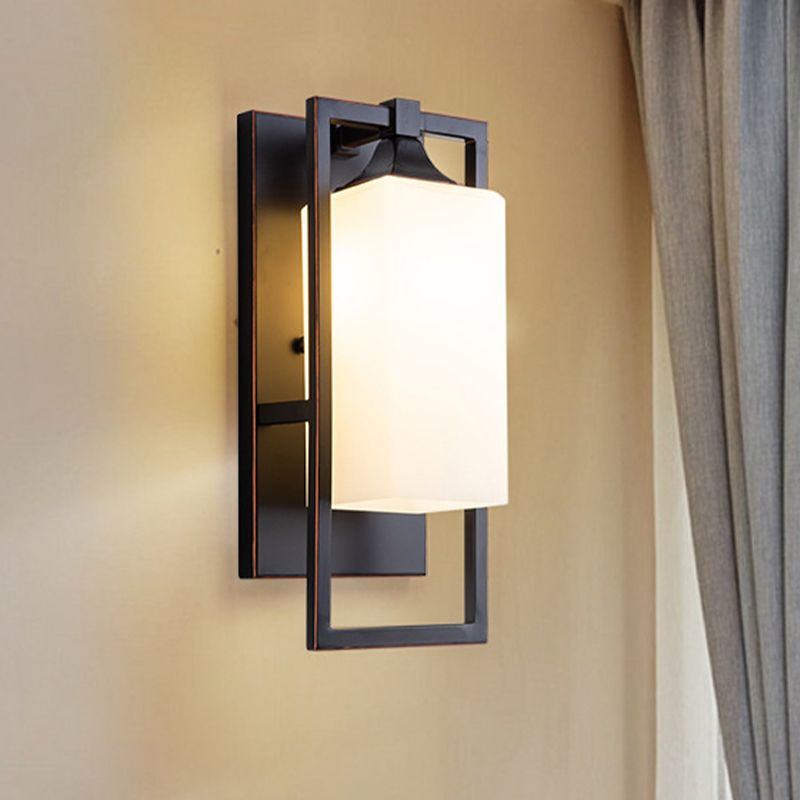 Retro Metal Wall Light Black 1 Light Wall Sconce with White Glass for Living Room
