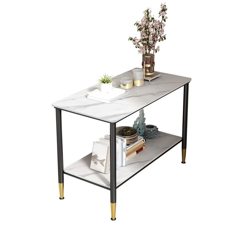 Rectangular Stone 4 Legs Side Table 21.65 Inch Tall One-Shelf End Table