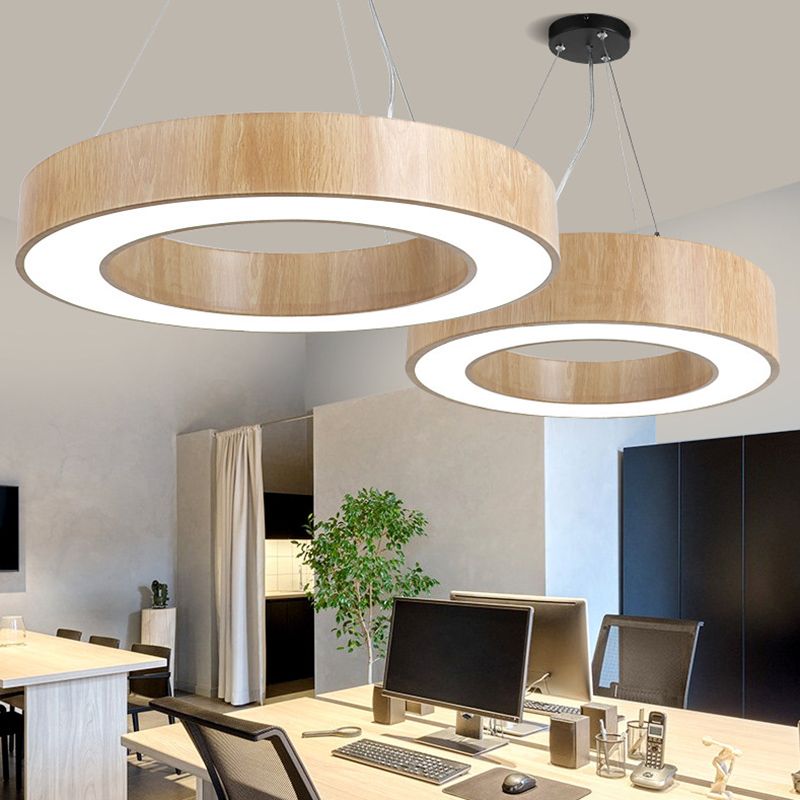 Illuminazione a sospensione circolare in stile nordico finitura in legno da ufficio in metallo luce a sospensione