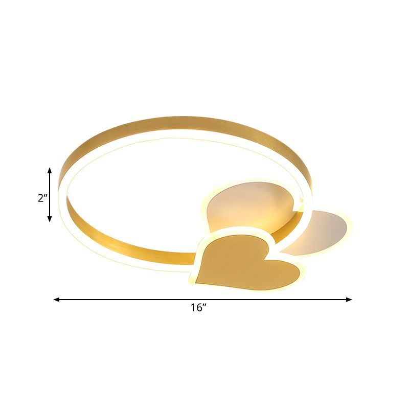 Simplicity LED Ring Ceiling Lighting Gold Loving Heart Flush Mount Lamp with Acrylic Shade in Warm/White Light