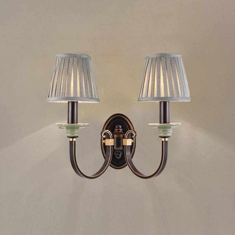 Metal Arched Wall Light Contemporary 1 Head Black Sconce with Tapered Pleated Fabric Shade