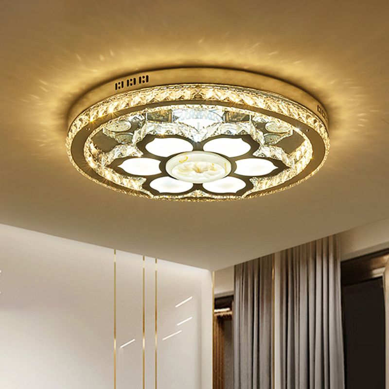 Lotus Flush Mount Lamp Fixture Simple Faceted Crystal LED Stainless-Steel Close to Ceiling Lighting