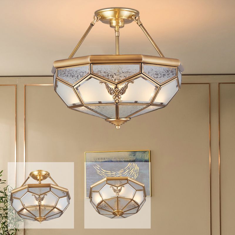 Bowl Shaped Metal Semi Flush Chandelier Simplicity Corridor Flush Ceiling Light in Gold