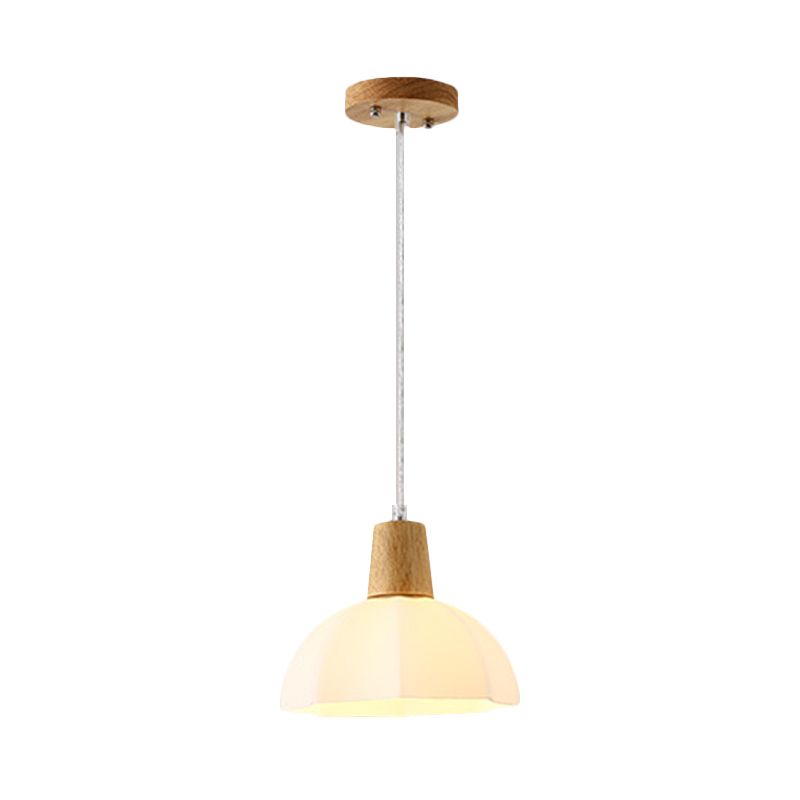 White Frosted Glass Umbrella Pendant Lighting Modernist 1-Light Beige Hanging Ceiling Lamp with Wood Cap