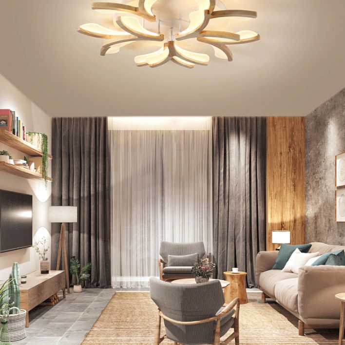 Wooden Floral Semi Flush Light Minimalist White LED Ceiling Light for Living Room