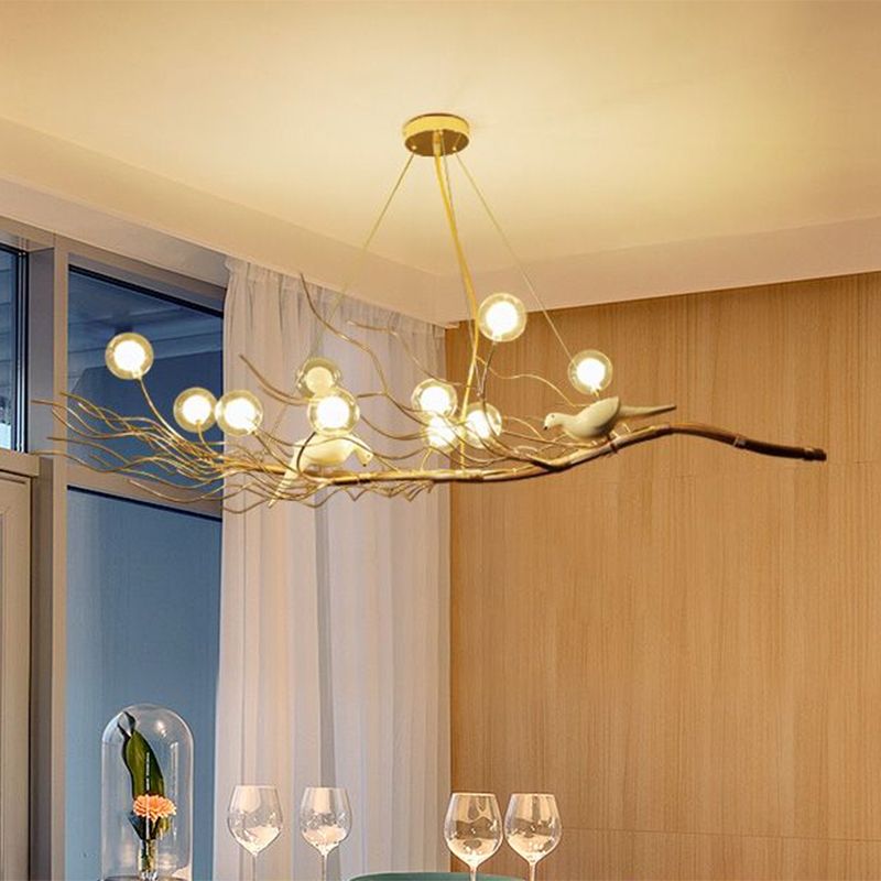 Gold Branch Pendant Light Modern 10-Light Clear Glass Island Lamp with Birds for Dining Room