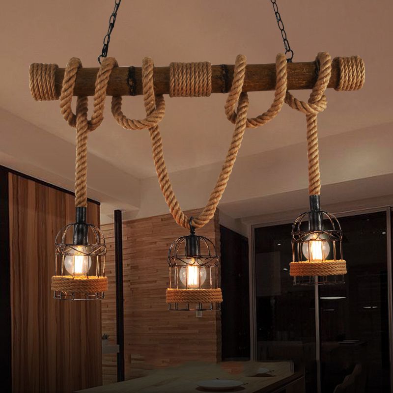 Industrial Style Birdcage Shape Island Pendants Rope Pendant Lights for Restaurant