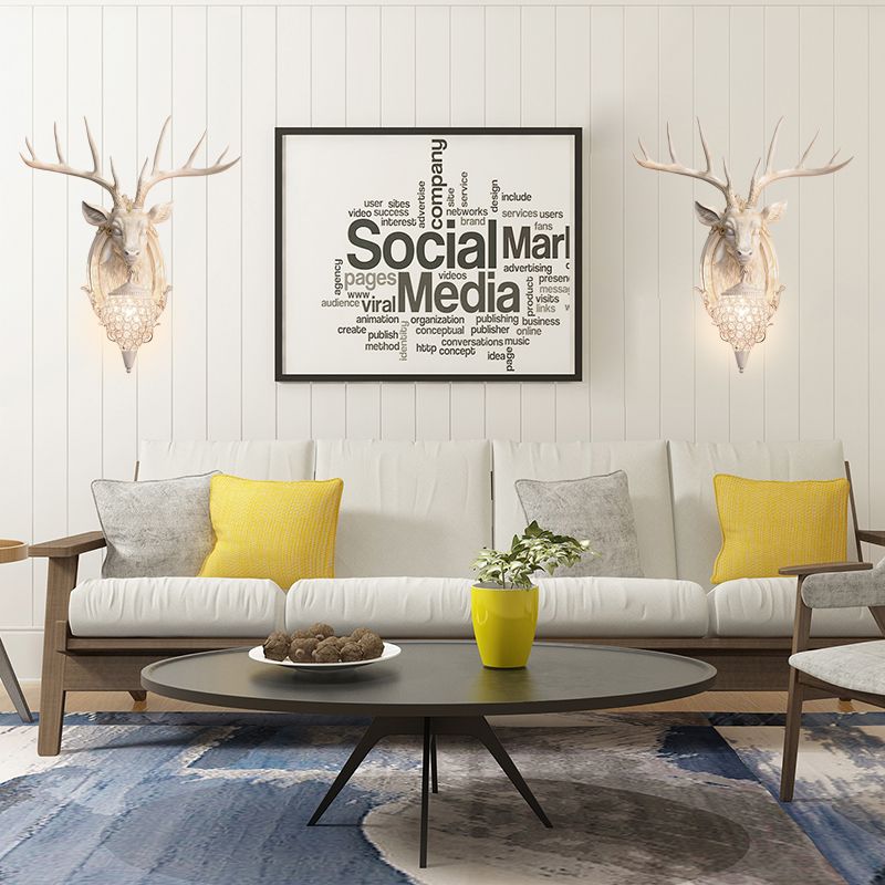 White/Beige/Yellow Deer Wall Lighting Rustic Resin 1 Light Living Room Sconce Lamp with Droplet Crystal Shade