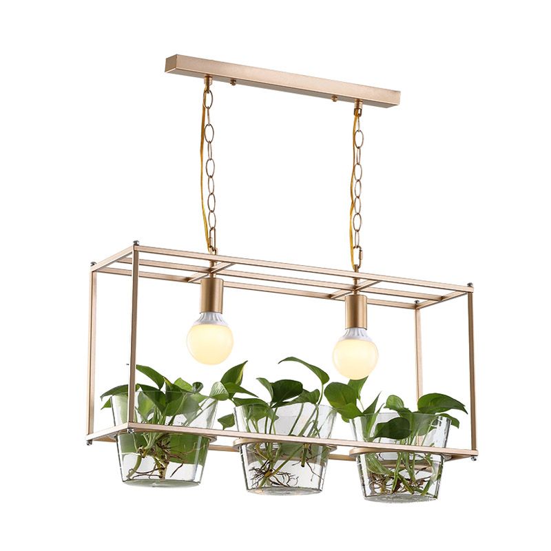 Metal Rectangle Island Ceiling Light Retro 2 Bulbs Dining Room LED Suspension Lamp in Black/Gold