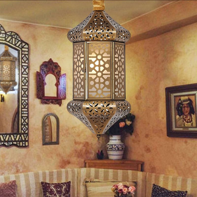 Art Deco Hexagonal Pendant Light Metal 1 Head Suspended Lighting Fixture in Brass