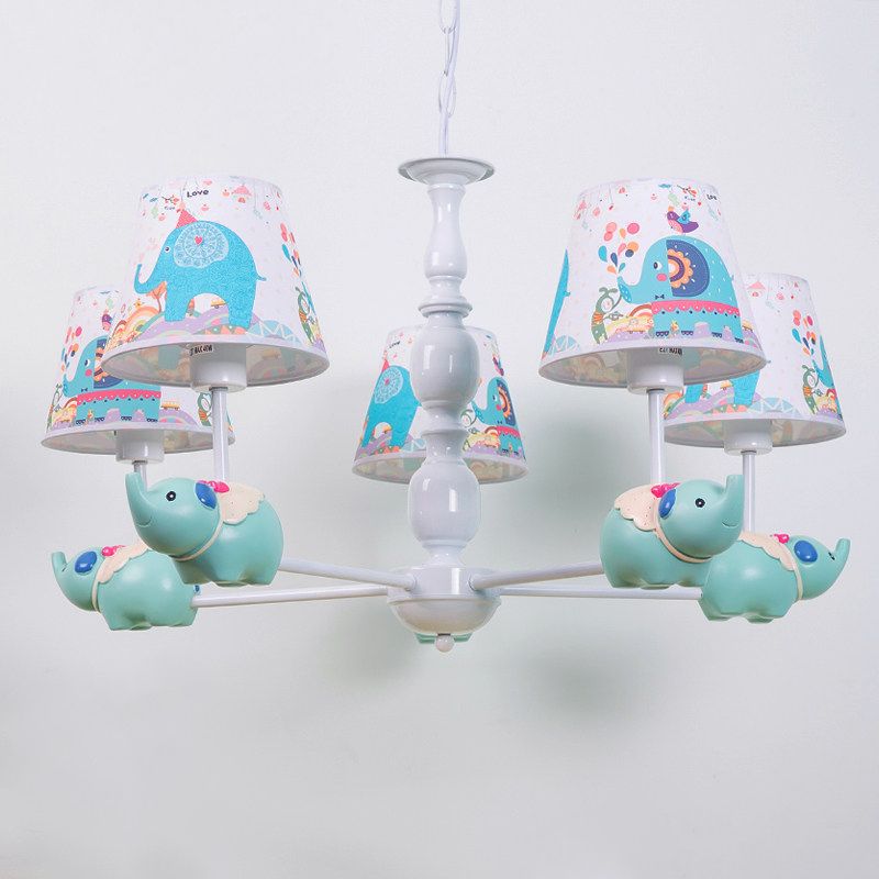 Resin Elephant Hanging Chandelier Cartoon 5/6 Heads Light Blue Ceiling Pendant Light with Barrel Patterned Fabric Shade