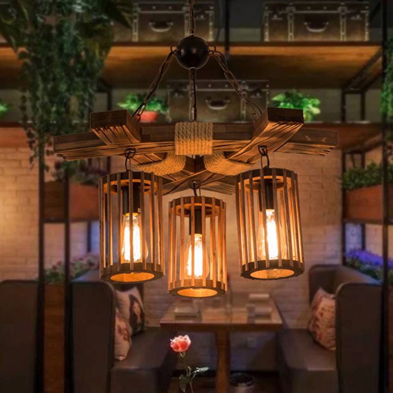 Cilindro de iluminación de araña marrón de madera Kit de luz colgante vintage de 3/6 luces con haz de rama