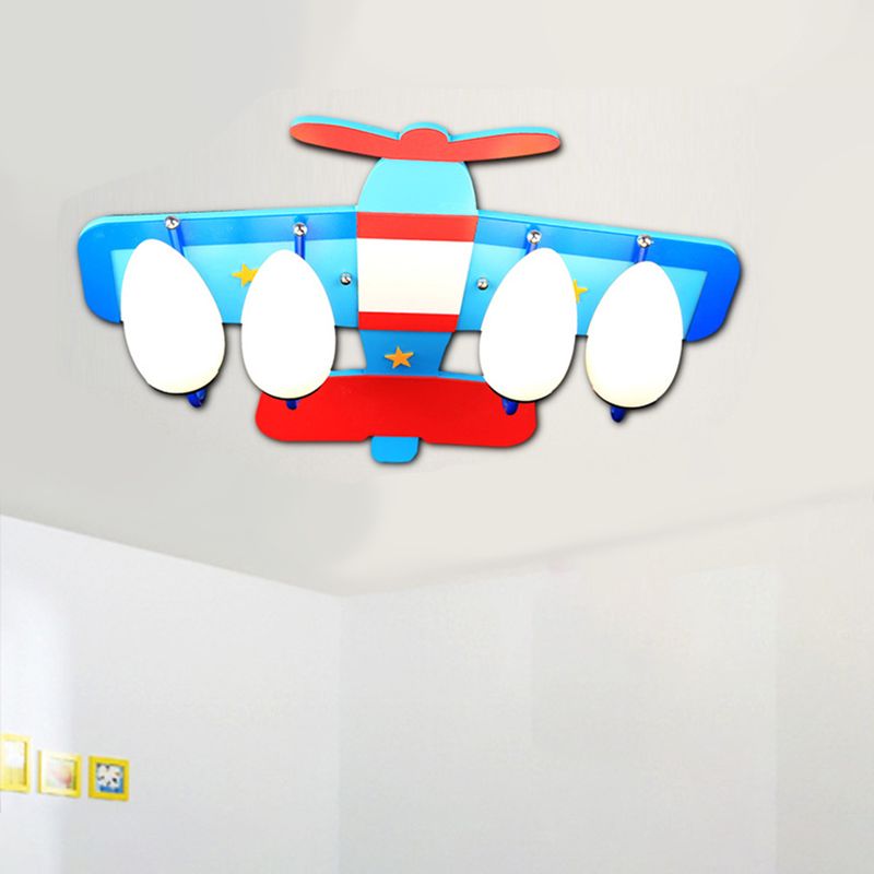 Aircraft Ceiling Mounted Lamp Cartoon Milk Glass 4 Bulbs Blue Flush Mount Lighting Fixture
