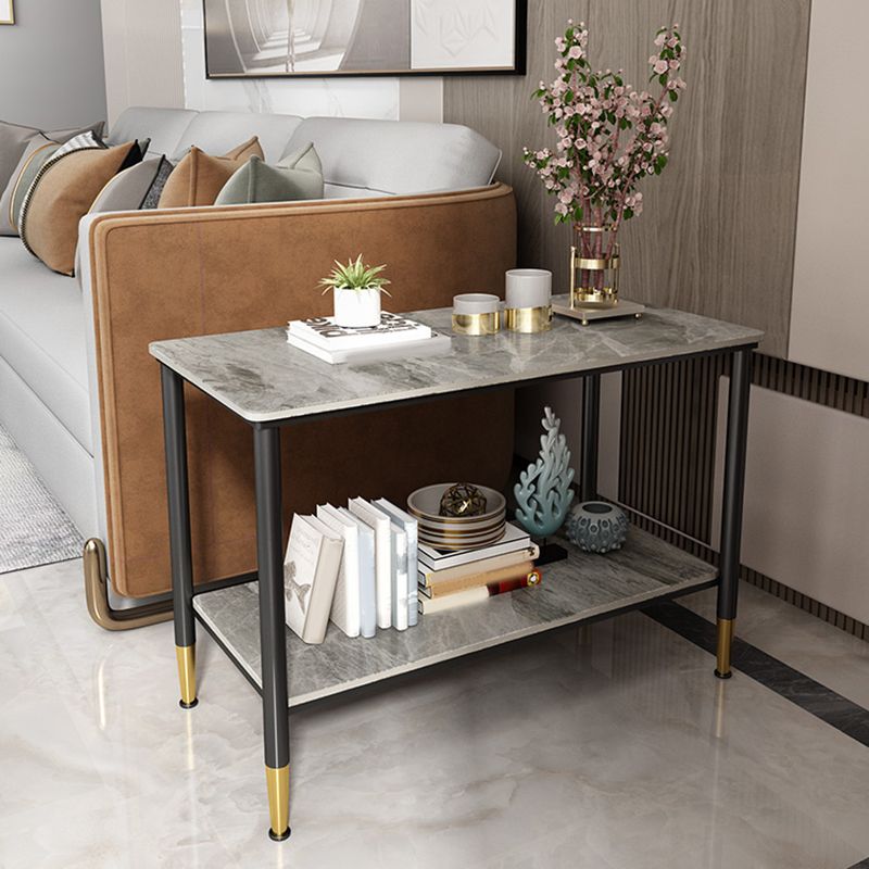 Rectangular Stone 4 Legs Side Table 21.65 Inch Tall One-Shelf End Table