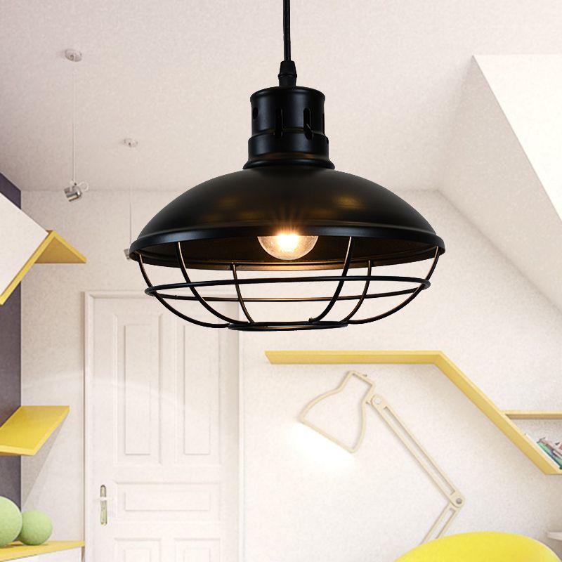 Dome Caged Metal Pendant Lamp Vintage 1 Bulb Kitchen Island Hanging Light Fixture in Black