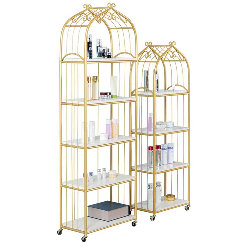 Gold Vertical Bookshelf Iron Frame Solid Wood Shelf Bookcase with Caster Wheels