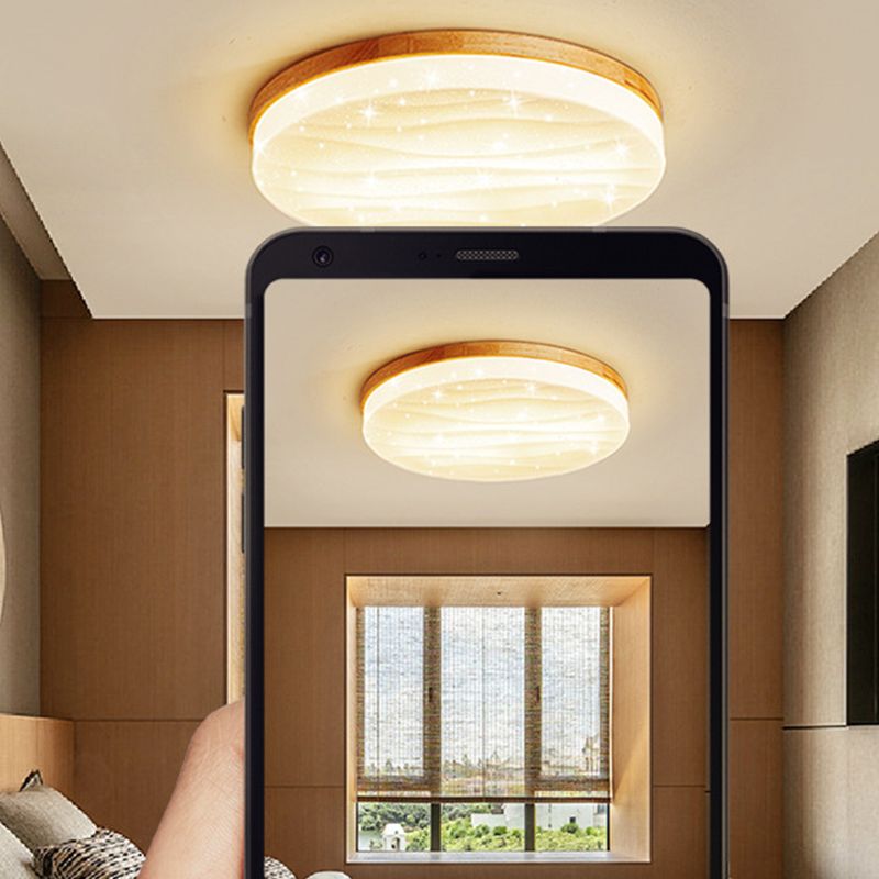 1-Light Round Flush Light Fixtures Modern Style Wood Flush Mount Lighting
