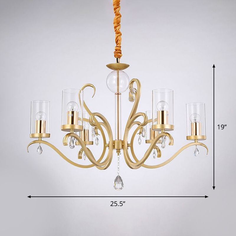 Cilinder suspensie lamp Minimalistisch helder glas 6 koppen gouden kroonluchter met kristaldruppel