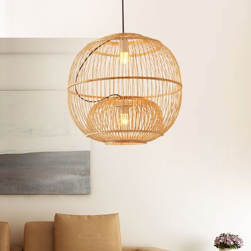 Bamboo Global Shade Pendant Lighting Contemporary Style 2 Lights Beige Hanging Lamp for Restaurant, 14"/16" W