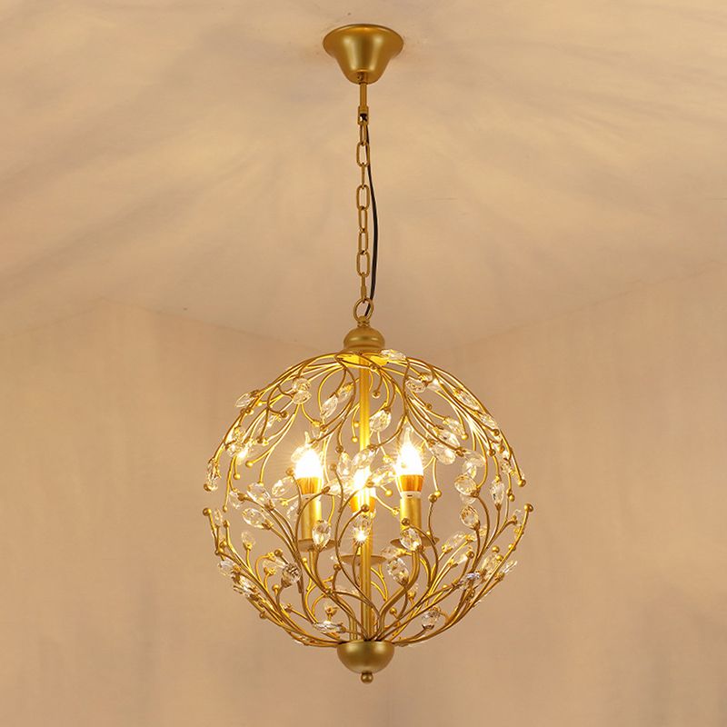 Globe Chandelier Lighting Antique Crystal 3 Lights Brass Hanging Ceiling Light for Dining Room