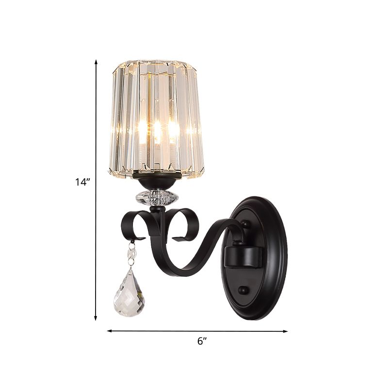 1/2-Light Clear Prismatic Crystal Sconce Modern Black Cylinder Living Room Wall Mount Lamp