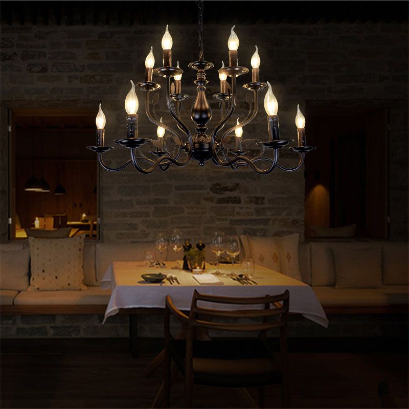 2-Layers Living Room Large Chandelier Traditional Style Candlestick Styling Wrought Iron Lighting Fixture in Black
