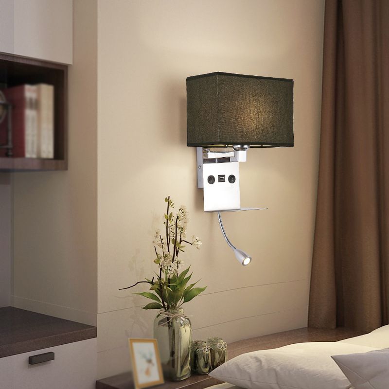 Modern Adjustable Metal Wall Sconce Rectangle Shape Wall Light with Fabric Shade for Study
