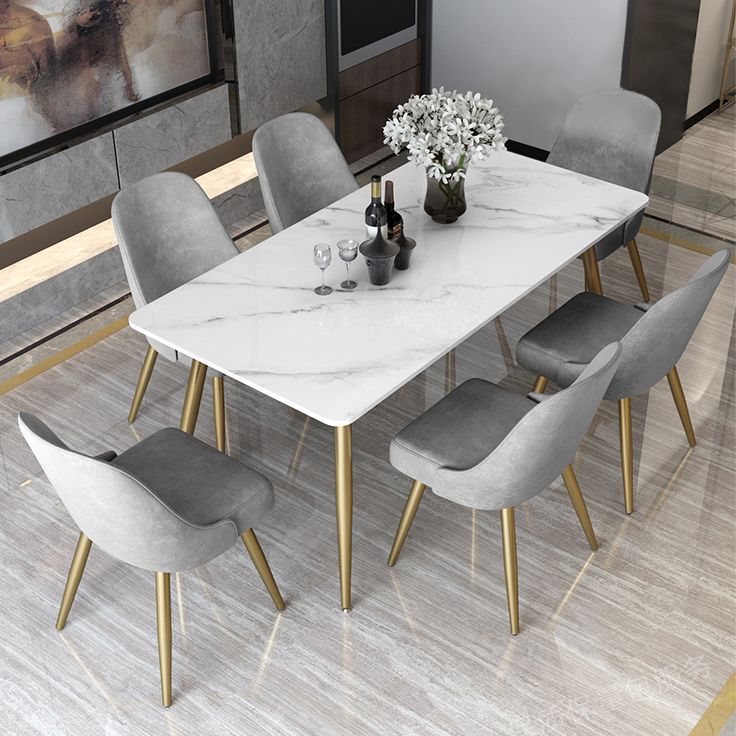 Glam Sintered Stone Küche Esstisch Weiß Rechteck Form Esstisch mit 4 Beinen Basis