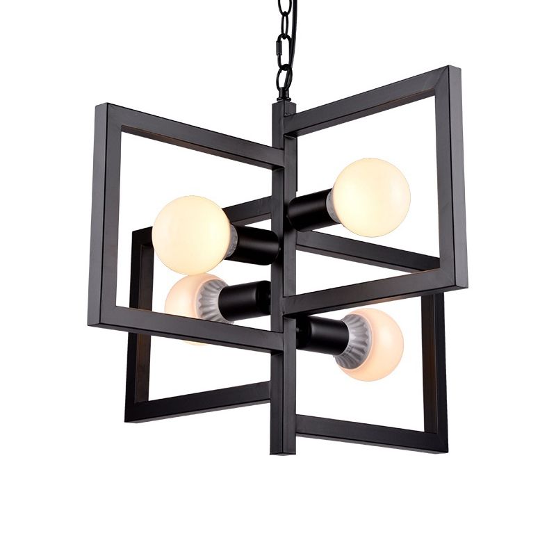 Square Living Room Pendant Chandelier Industrial Iron 4 Lights Black Hanging Light Fixture