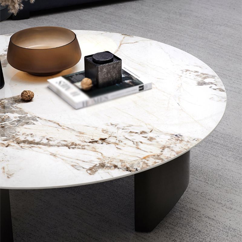 Modern Style Round Coffee Table with Iron Craft Black Base and Rock Slab White Top