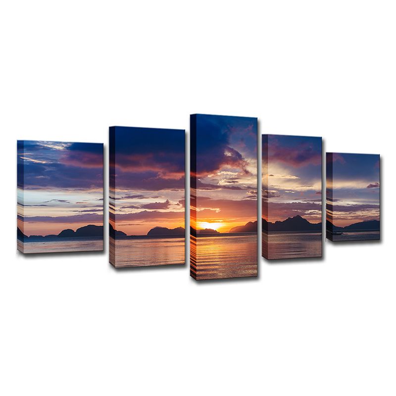 Lake and Sunset Glow Canvas Print Contemporary Multi-Piece Wall Art in Purple for Room