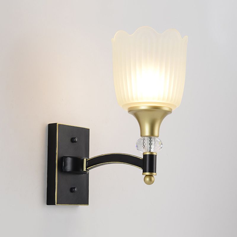 Farmhouse Scalloped Floral Wall Lighting 1/2 Heads Opal Glass Wall Mount Lamp in Black and Gold