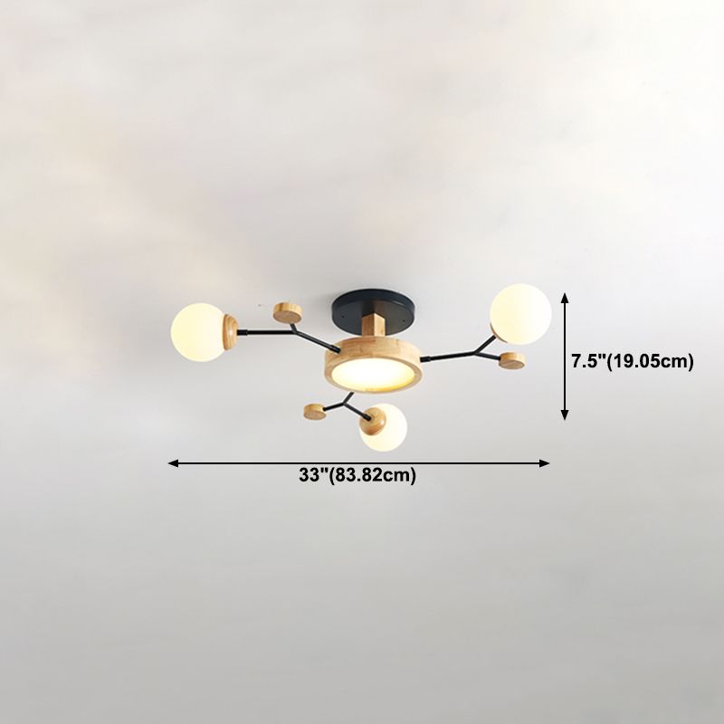 Nordic Solid Wood Ceiling Light White Glass Modos Semi Flush Light for Living Room