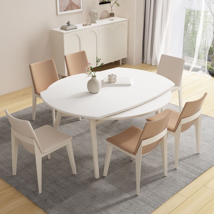 White Drop-Leaf Dining Table Round Sintered Stone Dinner Table for Dining Room