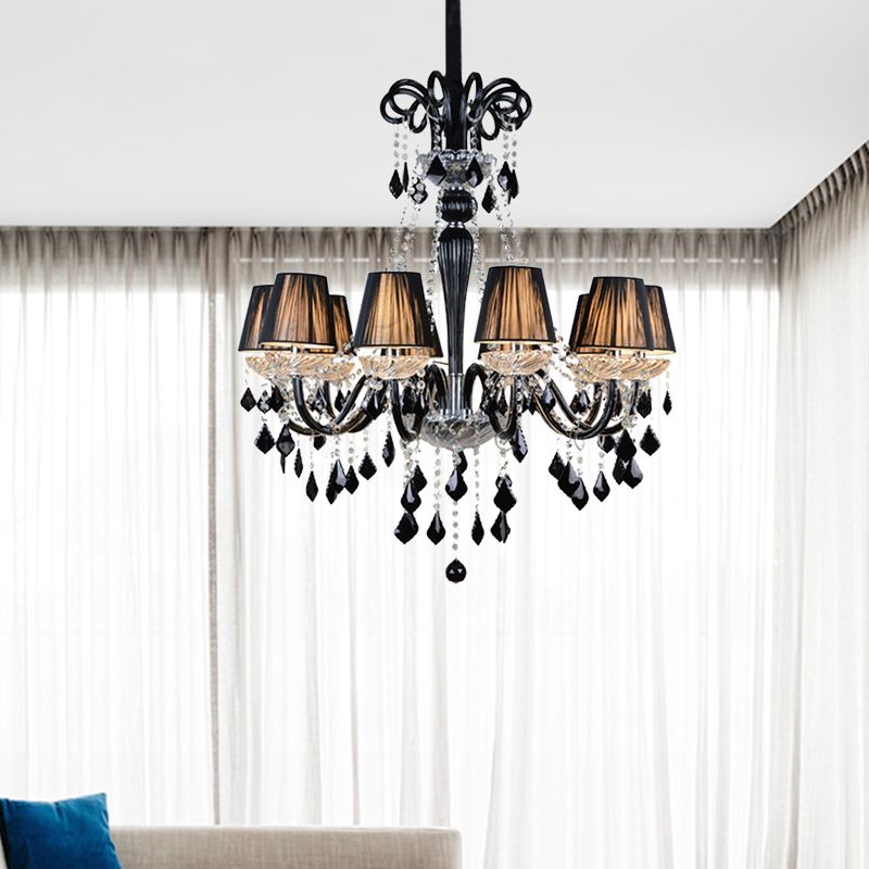 Lampe à lustre conique traditionnelle 10 bulbes de plafond tissu avec un cristal noir et un bras en verre transparent