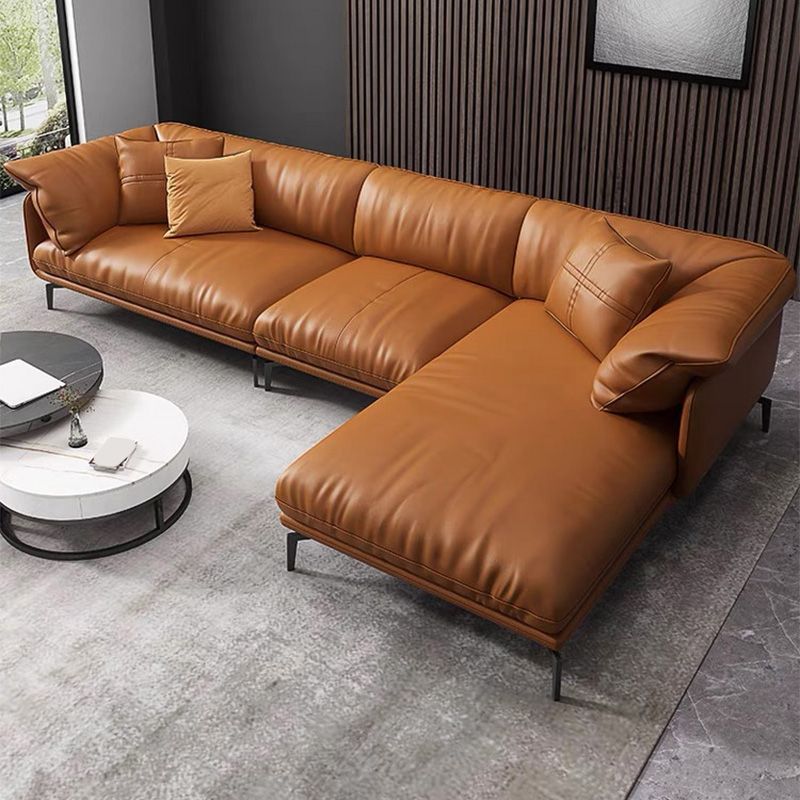 Pillow Top Arm Sectional Sofa 34.65"High Genuine Leather Cushion Back Sofa,Brown