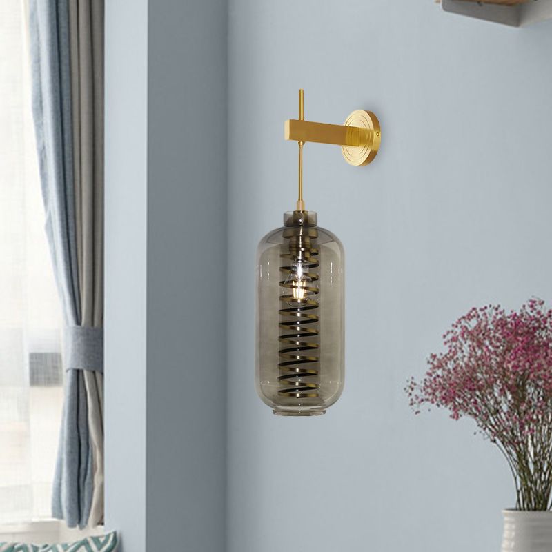 Smoke Gray Glass Cylinder Wall Sconce Light Post-Modern 1 Head Wall Mounted Lamp in Brass